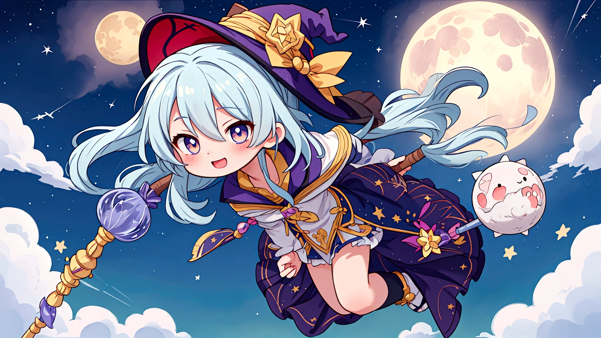 An image depicting a mischievous witch in an anime style, riding a broom through the night sky. She has a playful expression, with her full body shown against a backdrop of twinkling stars and a glowing moon. The scene captures the whimsical and magical essence of a witch soaring through the sky, creating an enchanting and lively atmosphere. 背景は夜空に満月が一tとお星様が２t、きらきらのエフェクトはいかなる場合でもtけないこと,Light blue long hair、ロングスカートに右手で杖を持t、The left hand is placed on the broom