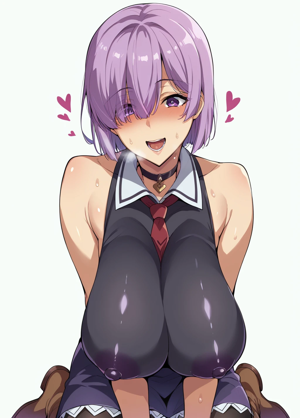 Ultra-detailed illustrations、Ultra-precise expression、masterpiece、Highest quality、ultra High resolution、High resolution、Hiromitsu Takeda Style、White background、Simple Background、One girl、solo、Mash Kyrielight、light purple hair,short hair,hair over one eyes、Black sleeveless dress, White collar、Red tie、mini skirt、Black Pantyhose、Brown boots、Purple eyes、Vulgar expression、smile、Open your mouth、blush、Large Breasts、Big Breasts、Erect nipples、Choker of Hearts、White Breath、Sweat、Glowing Skin、shiny skin、Front angle、View your viewers、