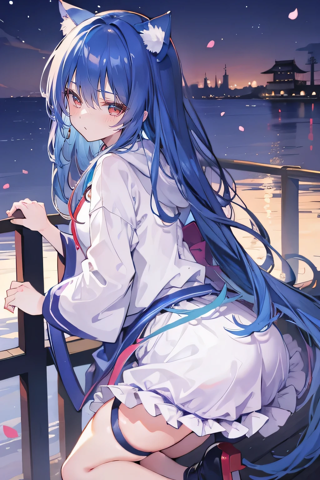 （masterpiece：1.2），Super detailed，lifelike，Expressive eyes，fair skin，perfect face shape，1 girl，
Japanese comics,Gorgeous blue hair,flowing blue hair,flowing clothes,Cat ears,Petals fall,beautiful lola,Baby Angel,sunrise,
Shaking head with one hand，Cross your legs，Gentle and peaceful background，The pavilion is cool and comfortable,smile, wearing hoodie, background of tokyo,back views,snowing, winter，seaside，wet clothes，A smile，A faint smile，。