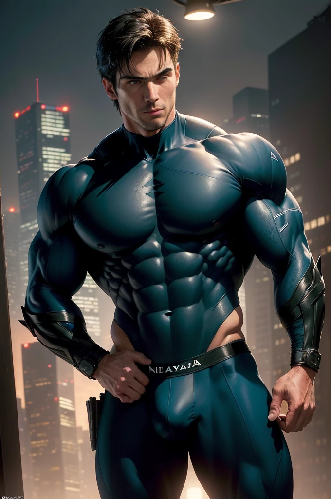 ((realistic: 1.5)),((best quality)), ((masterpiece)),((detailed)), male ninja, Vigilante, Caucasian American, handsome, photorealistic face,short hair, attack position, abdominal muscles visible,chest visible, just outside of the city with evening cityscape in the background, huge biceps, huge muscles, muscular body,dick grayson,wearing nightwing suit blue and black