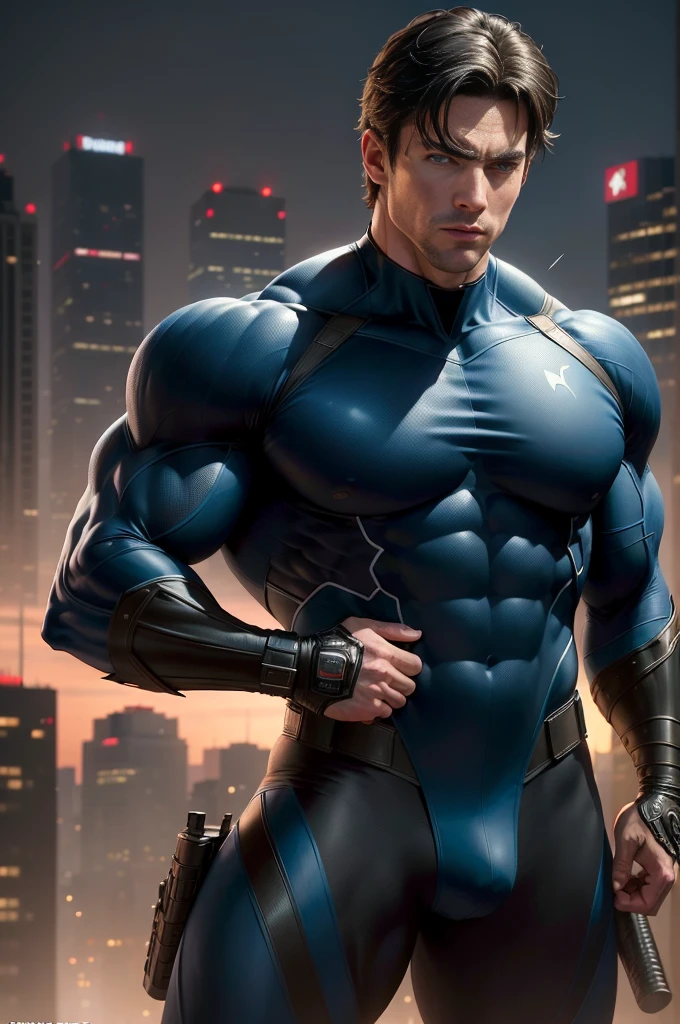 ((realistic: 1.5)),((best quality)), ((masterpiece)),((detailed)), male ninja, Vigilante, Caucasian American, handsome, photorealistic face,short hair, attack position, abdominal muscles visible,chest visible, just outside of the city with evening cityscape in the background, huge biceps, huge muscles, muscular body,dick grayson,wearing nightwing suit blue and black