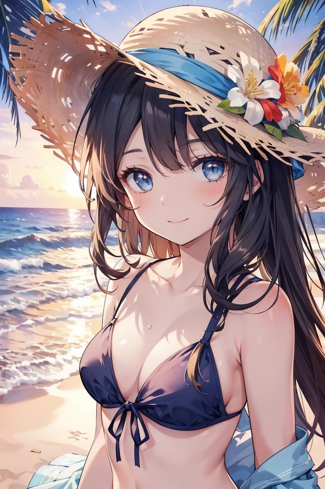 One girl, long tied brunette hair, smile, blue eyes, Wink, View your viewers, Wearing a bikini, flower straw hat, (Beach), (sunset), evening, masterpiece, 8K, Perfect lighting, The perfect outfit, Perfect Anatomy, Perfect Eyes, Perfect Face, Sharp resolution, (Face close-up)