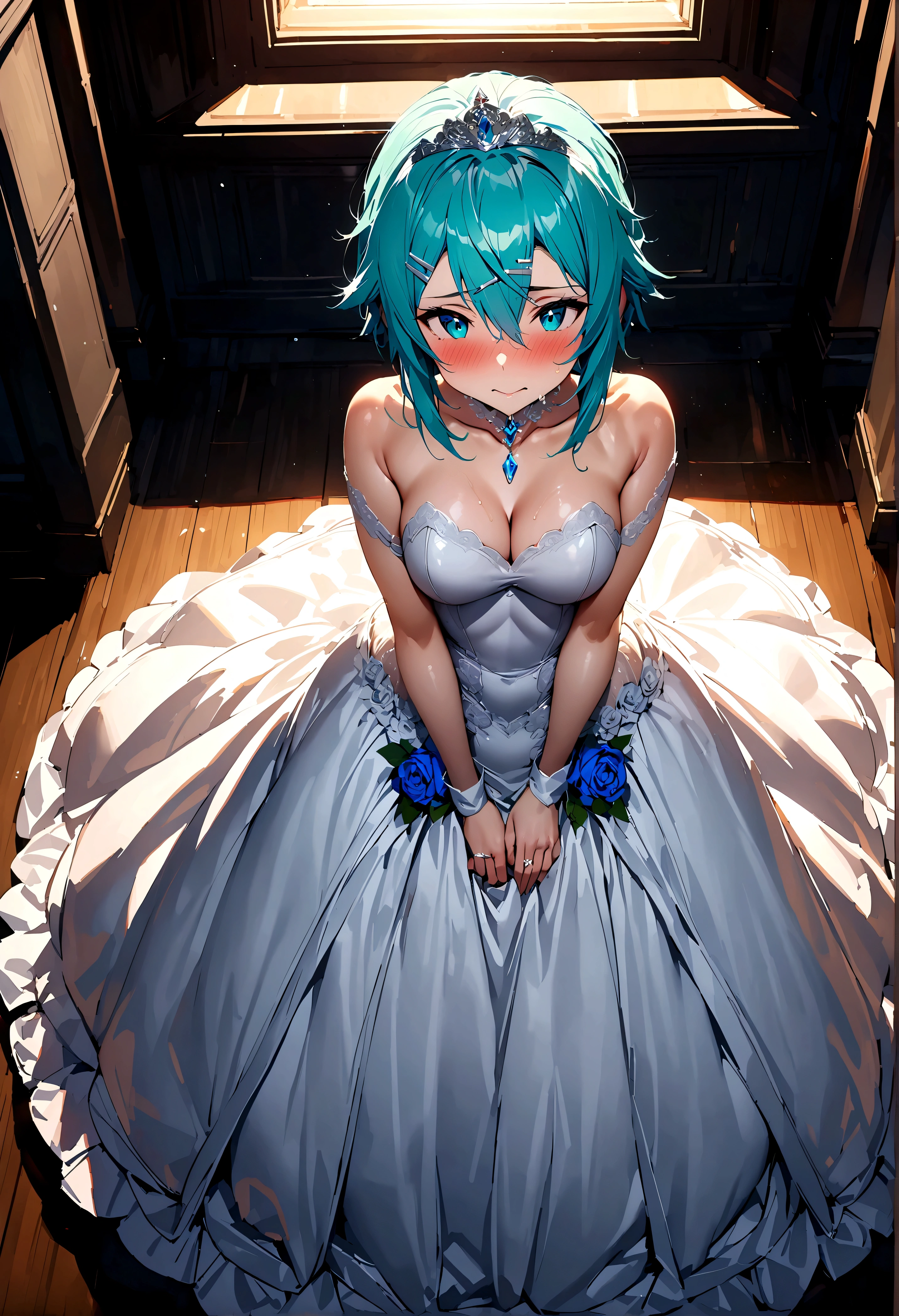 NSFW,masterpiece,Highest quality,High resolution,Super detailed,Sinon\(Sword Art Online\),(High quality sexy wedding dress),Wedding Veil,tiara,gem, hair ornaments, Hair Clip,wedding ring,Embarrassed,expectant face,(Lust),blush,Church at night in the moonlight,Luxurious Room,wedding,From above