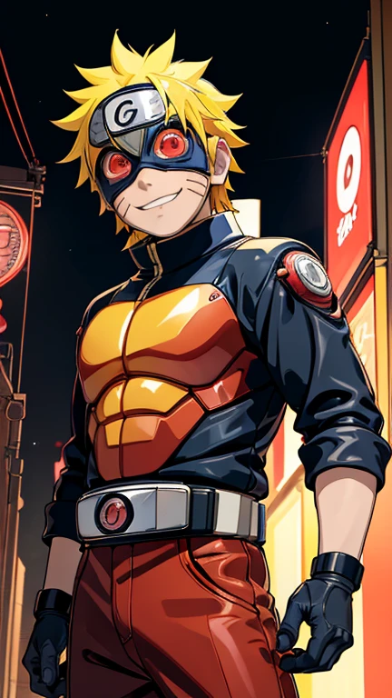 (8k),(masterpiece),(Japanese),(8-year-old boy),((innocent look)),((Childish)),From the front,smile,cute,Innocent,Kind eyes,Flat chest, Uzumaki Naruto, Superhero,Kamen Rider,red helmet,red domino mask,Yellow Hair,Strong wind,night,dark, Neon light cyberpunk Konoha village