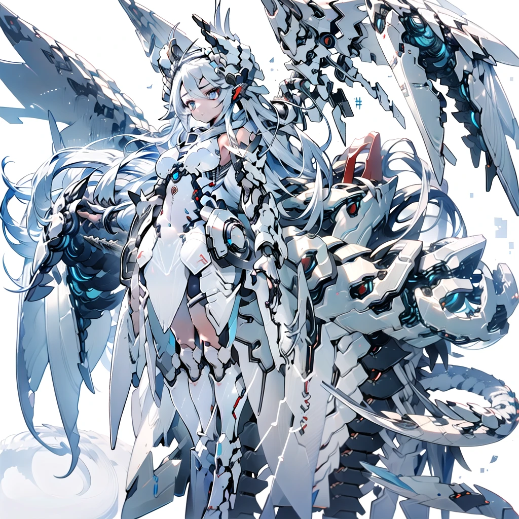 masterpiece, highest quality, highest resolution, clear_image, detailed details, White hair, long hair, cat ears, 1 girl, red eyes, white pantyhose, sci-fi dress, white scarf (white scarf around the neck with a light blue glow), gray futuristic halo (gray halo over the head), white wings (4 wings), cute, full body, no water marks, snow