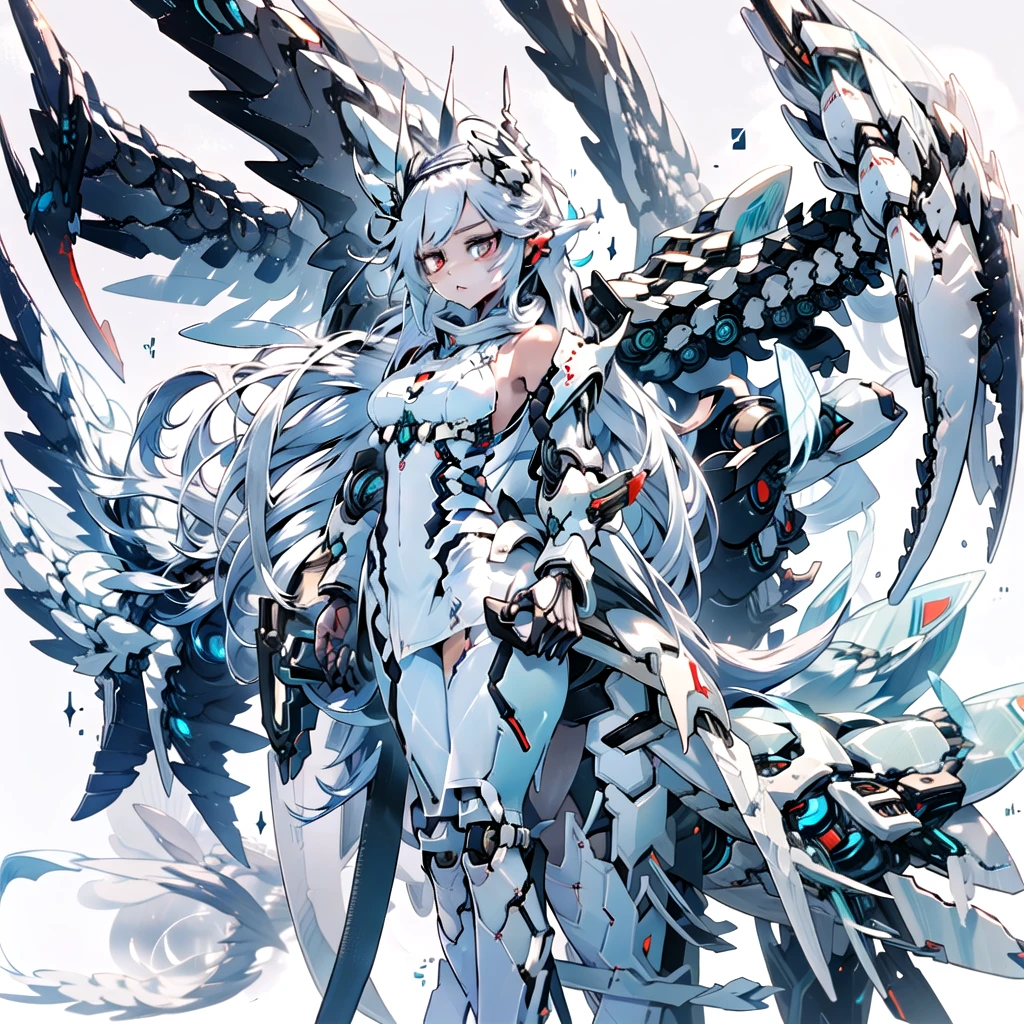 masterpiece, highest quality, highest resolution, clear_image, detailed details, White hair, long hair, cat ears, 1 girl, red eyes, white pantyhose, sci-fi dress, white scarf (white scarf around the neck with a light blue glow), gray futuristic halo (gray halo over the head), white wings (4 wings), cute, full body, no water marks, snow