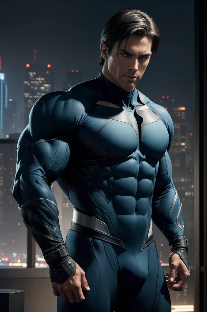 ((realistic: 1.5)),((best quality)), ((masterpiece)),((detailed)), male ninja, Vigilante, Caucasian American, handsome, photorealistic face,short hair, attack position, abdominal muscles visible,chest visible, just outside of the city with evening cityscape in the background, huge biceps, huge muscles, muscular body,dick grayson,wearing nightwing suit blue and black