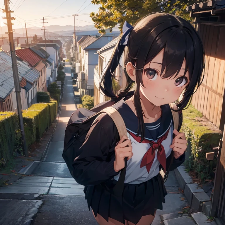 best quality, detailed, masterpiece,
1 girl, standing, gentle smile, 15yo,
(low twintails:1.4), low pigtails, black hair, long hair,
(navy blue sailor suit with blue ribbon:1.2), long sleeves,
BREAK
(dark brown eyes), (school bag), from the front, from few above, POV, alone,
BREAK
(steep downhill:1.3), (long hill straight road to the back), electric pole, electric cable, hill city, housing,
cityscape, sea in the distance, nice view, 15 o'clock, orange sky, animation