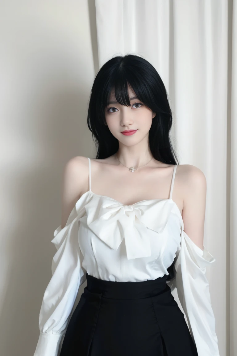 best quality, tmasterpiece,Ultra-high resolution,Clear face,(Reality:1.4),ferpect lighting,(upper body shot:1.5), (photorealistic:1.50), anime wallpaper, Guviz style artwork, cover-up fantasy up to magic , by Yang J, Guviz, beautiful artwork illustration, beautiful digital artwork, beautiful digital illustration, Li Song, beautiful anime portrait, art style in Beauvot,1girl,black hair, long hair,bangs, smile,Blush,(front:1.3),(standing:1.3), Bare shoulders,
Sweet girl outfit5, (high waist skirt), (Black skirt),indoor,In the room, (Curtain Background:1.3), mirror, (super Giant breasts:1.3),