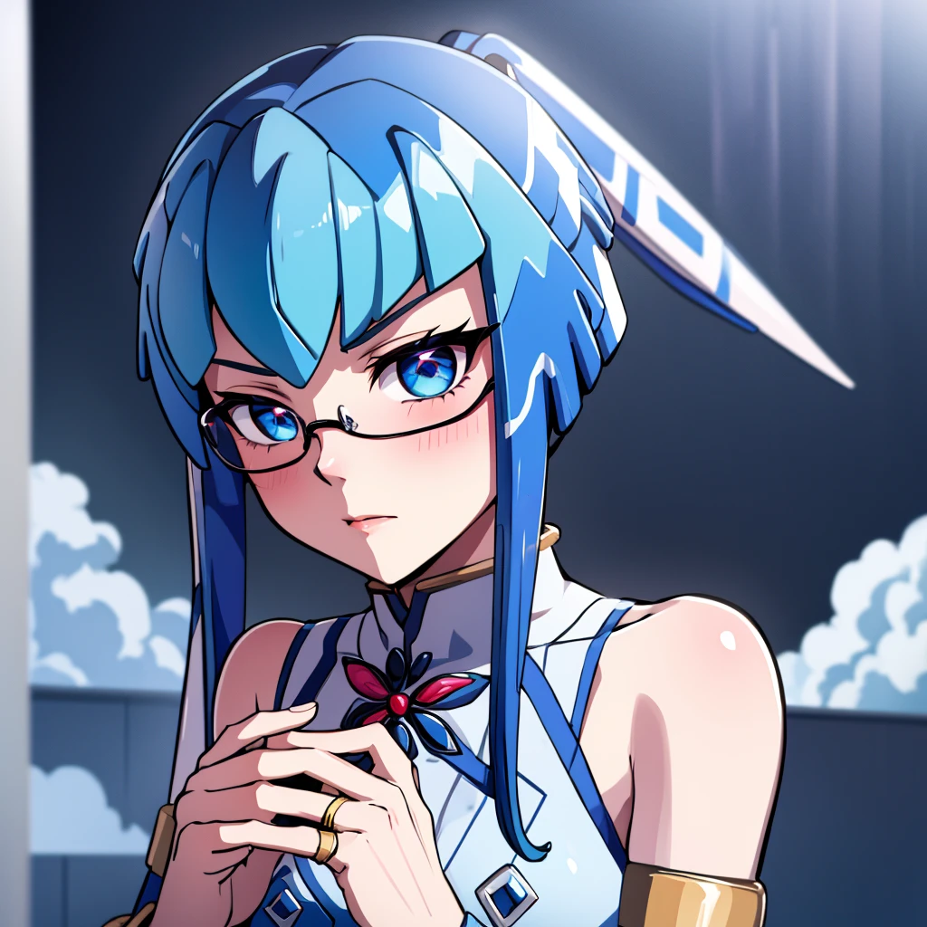 Leviathan_Megamanz, 1 Girl ,Looking at the viewer , blue hair, Blue eyes,Clouds background , Blushed , , Wedding ring, Glasses, Face Only, Arlecchino(Genshin Impact)
