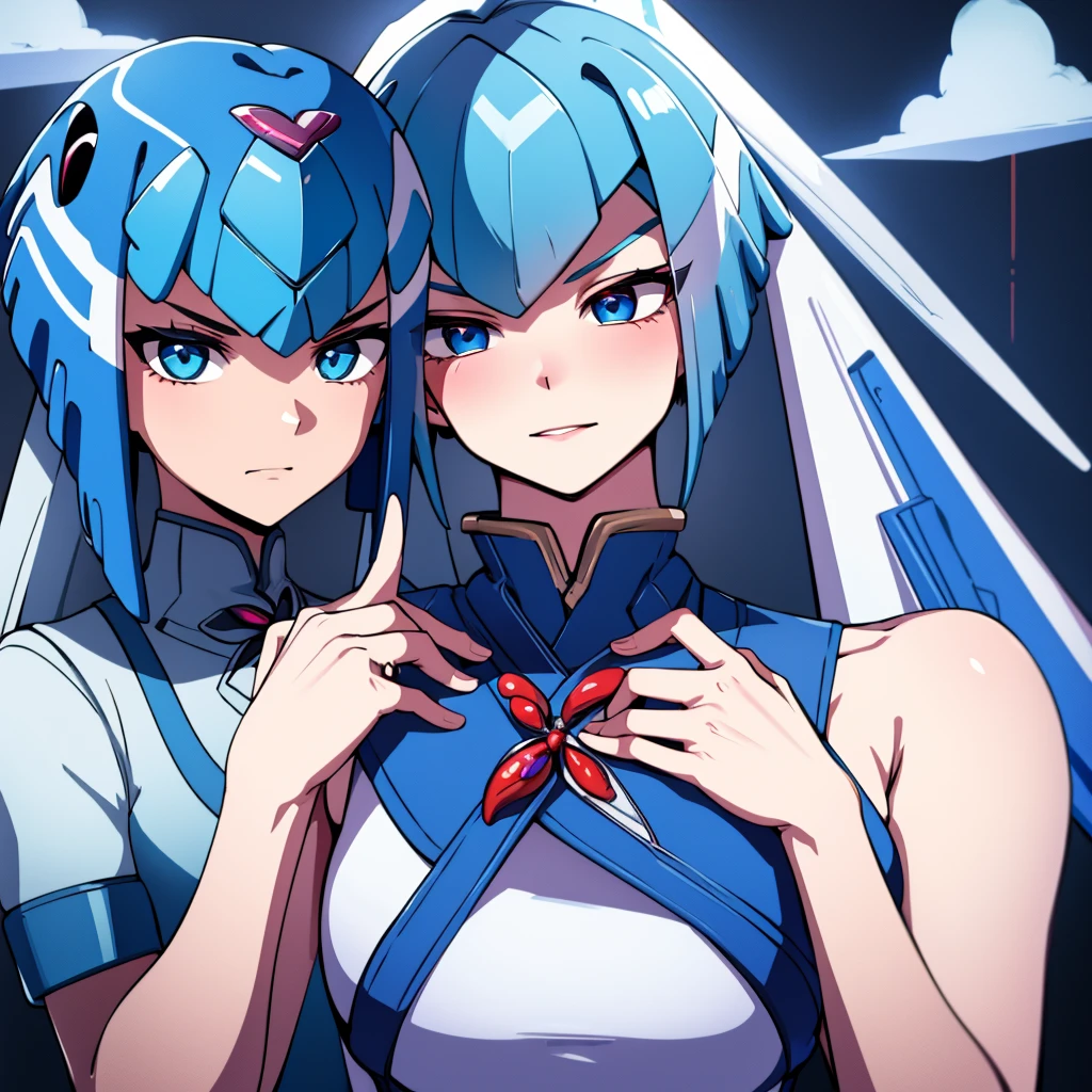 Leviathan_Megamanz, 1 Girl ,Looking at the viewer , blue hair, Blue eyes,Clouds background , Blushed , , Wedding ring, Glasses, Face Only, Arlecchino(Genshin Impact)
