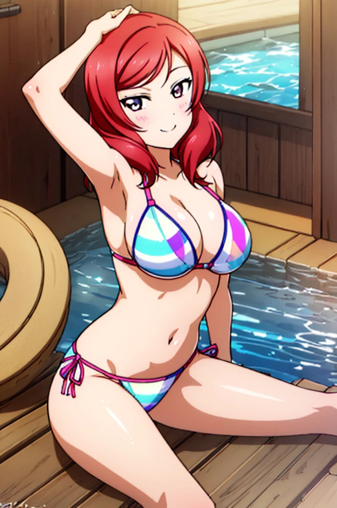 (((pixel-perfect, detail-perfect))), solo, 1girl, maki nishikino, smile, sauna, bikini, armpit, large extreme filesize, ultra High Qality