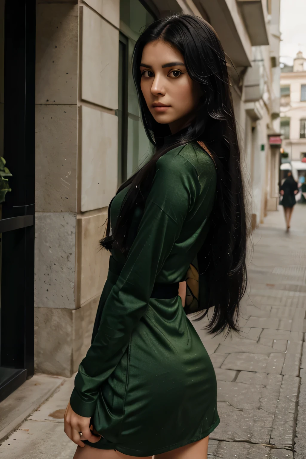 Woman in green dress, long black hair, 24 year old girl model, 18 years, clear portrait, she is about 20 years old, she is about 20 years old, tight outfit, everyday pose, Arabian appearance