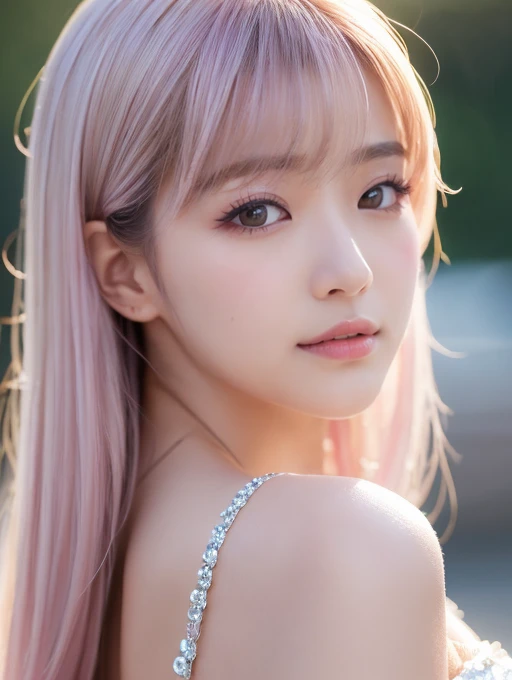 (extra detailed body、extra detailed face、best qualtiy:1.2)、femele、looking at the viewers、(sixteen years old、a smile、A pink-haired、Lunette de soleil、Fancy piercings、Zambus、Hair ornament larger than the head)、(Pink architecture on background:1.4)、Midjourney Worldview