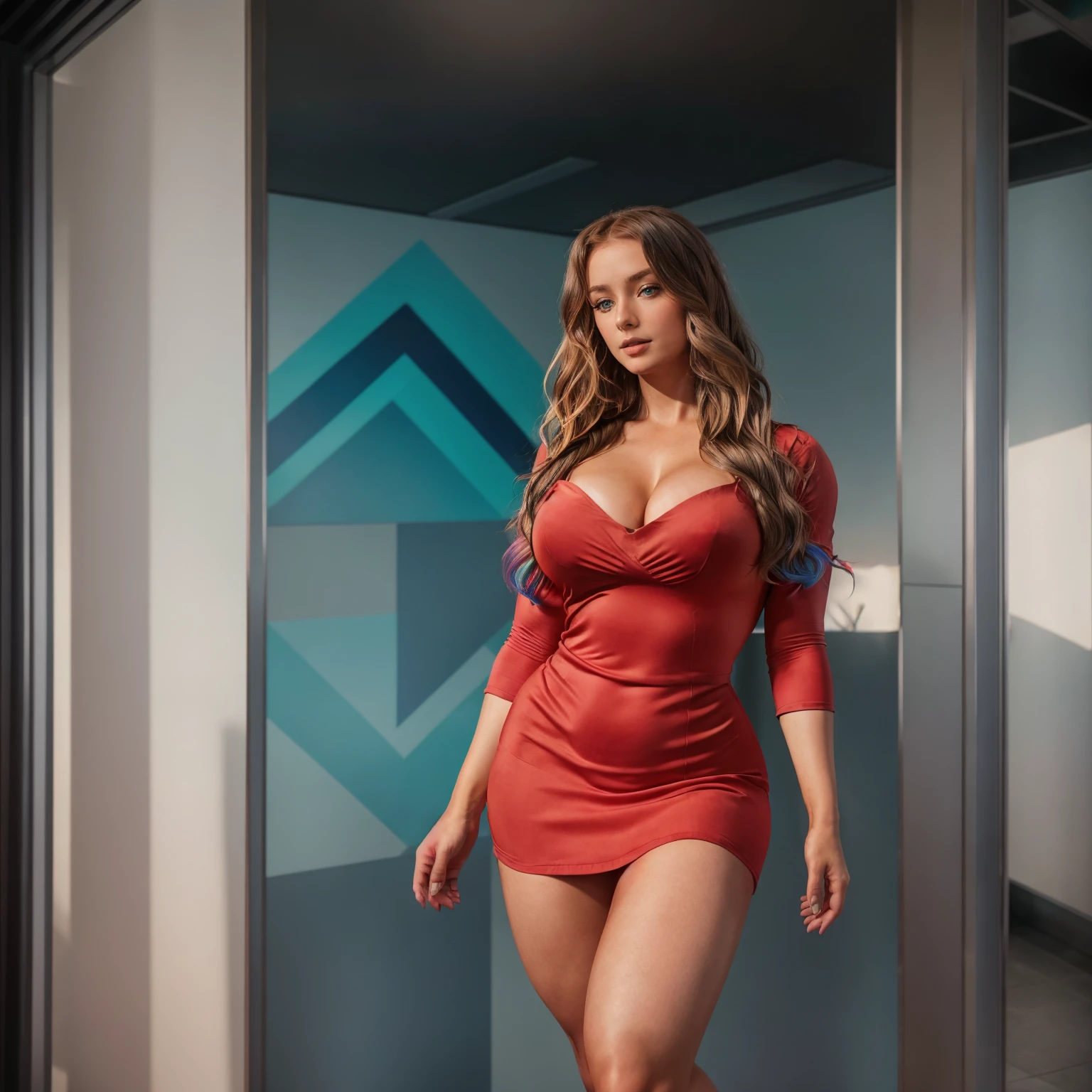 professional portrait photograph of a gorgeous 18 year,Norwegian girl Lise Olsen in city with long wavy blonde hair,blue eye,happy,sultry flirty look, gorgeous symmetrical face, cute natural makeup, ((wearing red gown)), ((standing )), ultra realistic, concept art, elegant, highly detailed, intricate, sharp focus, depth of field, f/1. 8, 85mm, medium shot, mid shot, (((professionally color graded))), bright soft diffused light, (volumetric fog), trending on instagram, hdr 4k, 8k