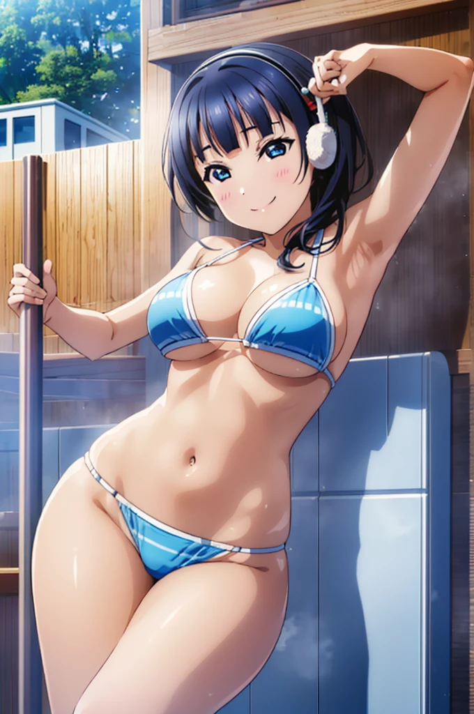 (((pixel-perfect, detail-perfect))), solo, 1girl, Karin asaka, smile, eyes azzur, hair blue, sauna, armpit, bikini, large extreme filesize, ultra High Qality