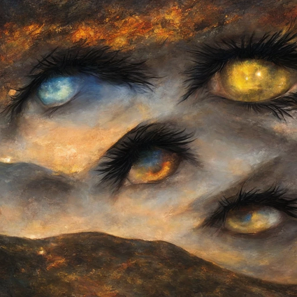 A close-up of a person's eyes. In the pupils, reflections symbolize their thoughts and emotions. In one eye, there is a sunrise over a mountainous landscape, representing hope and a new day, while in the other eye, a dark storm with lightning symbolizes anxiety and challenges. The reflections are vivid and detailed, creating a stark contrast between the two eyes, highlighting the internal conflict and the richness of the inner world.