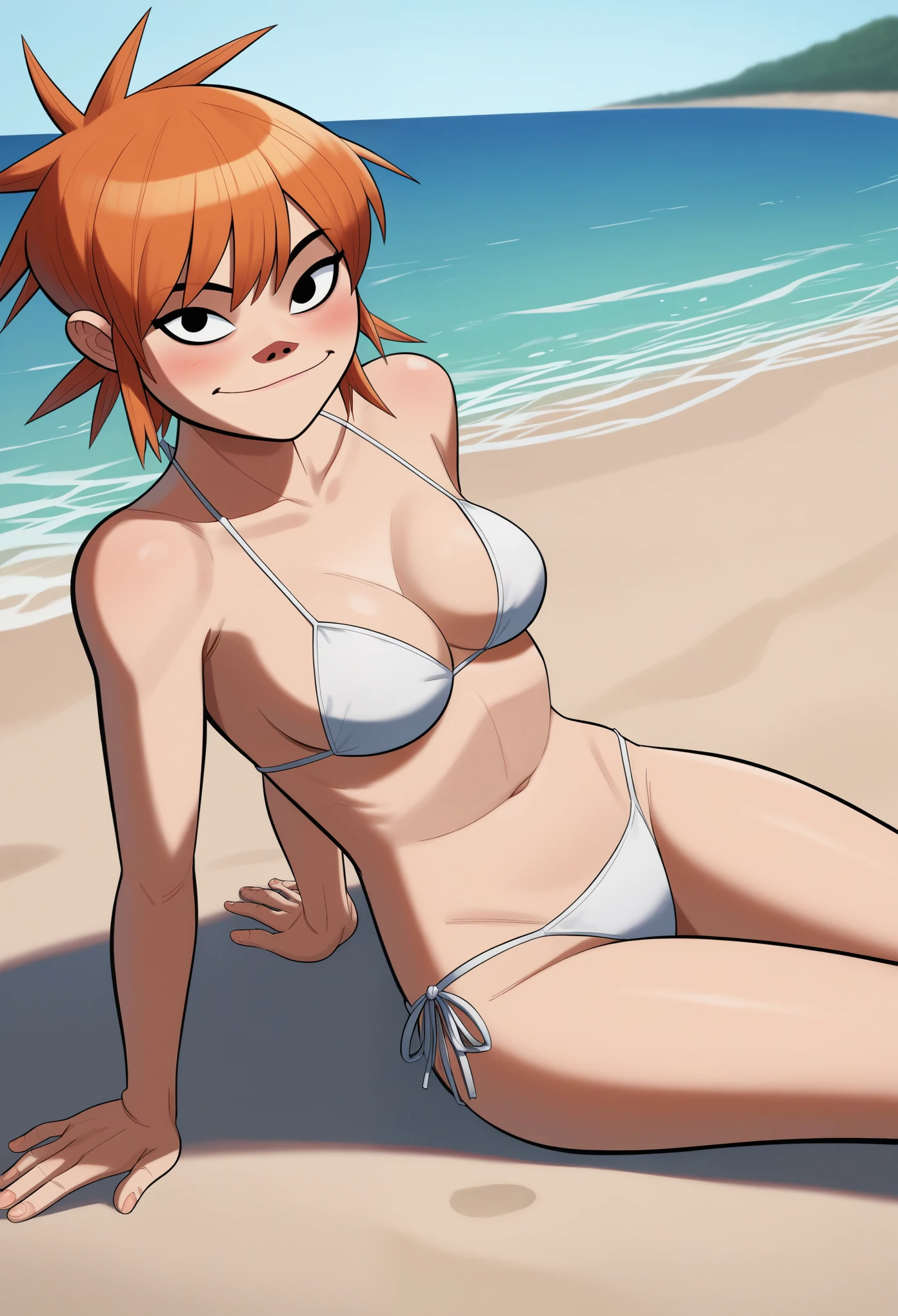 score_9, score_8_up, score_7_up, BREAK, 1girl, solo, breasts,   noodlegorillaz, 1girl, solo, blush, bangs, light smile, orange hair, on beach, looking on viever, white bikini, sitting on sand