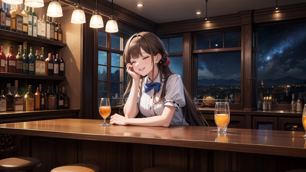 masterpiece, best quality, high quality, detailed, ultra detailed, hyper detailed, insanely detailed, exquisite, beautiful, FHD, Full-HD, 4K, 8K, 16K, highres, absurdres, bar, 1woman, intelligent, eyes closed, brown hair, long hair tied back, laughing, slim, waitress, piercing, in the bar, with a window, with a nebula, with a starry sky, at night, beautiful