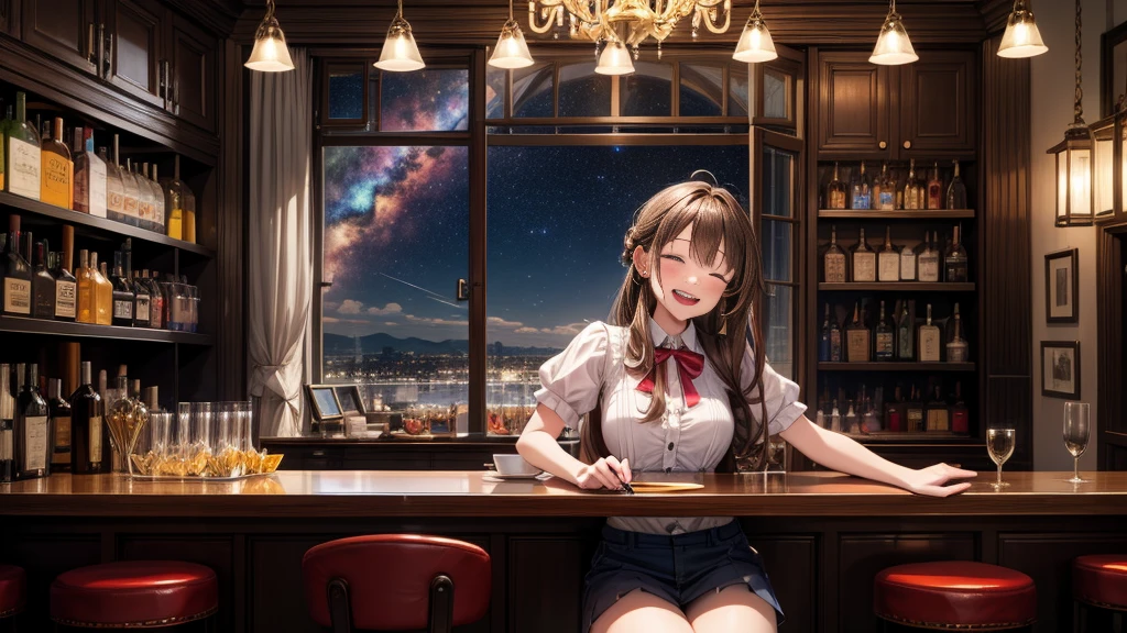 masterpiece, best quality, high quality, detailed, ultra detailed, hyper detailed, insanely detailed, exquisite, beautiful, FHD, Full-HD, 4K, 8K, 16K, highres, absurdres, bar, 1woman, intelligent, eyes closed, brown hair, long hair tied back, laughing, slim, waitress, piercing, in the bar, with a window, with a nebula, with a starry sky, at night, beautiful