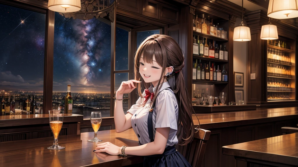 masterpiece, best quality, high quality, detailed, ultra detailed, hyper detailed, insanely detailed, exquisite, beautiful, FHD, Full-HD, 4K, 8K, 16K, highres, absurdres, bar, 1woman, intelligent, eyes closed, brown hair, long hair tied back, laughing, slim, waitress, piercing, in the bar, with a window, with a nebula, with a starry sky, at night, beautiful