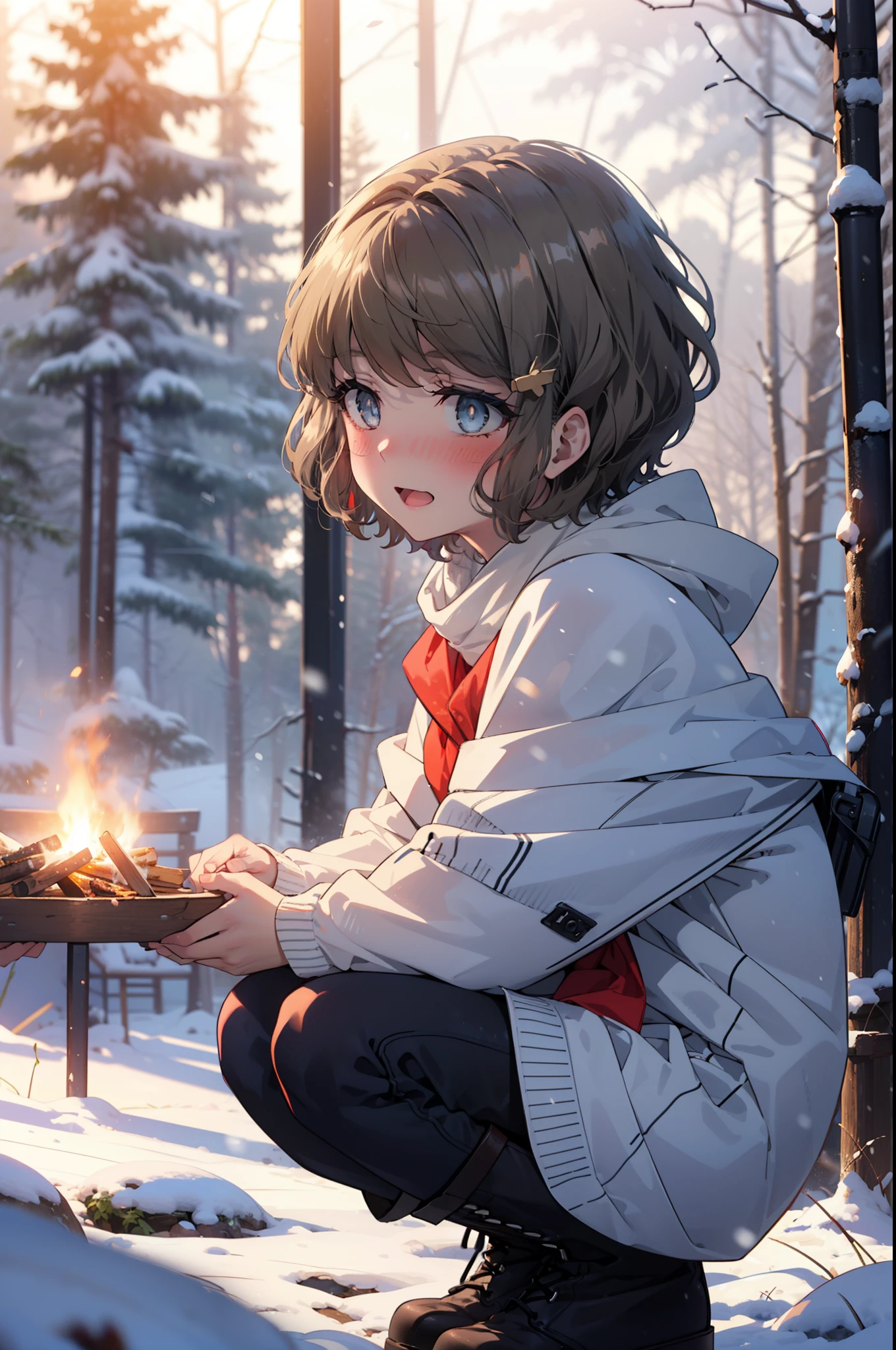 tomoekoga, Chie Koga, short hair, Brown Hair, blue eyes, hair band,smile,blush,White Breath,Medium Chest,
Open your mouth,snow,Ground bonfire, Outdoor, boots, snowing, From the side, wood, suitcase, Cape, Blurred, having meal, forest, White handbag, nature,  Squat, Mouth closed, Cape, winter, Written boundary depth, Black shoes, red Cape break looking at viewer, Upper Body, whole body, break Outdoor, forest, nature, break (masterpiece:1.2), Highest quality, High resolution, unity 8k wallpaper, (shape:0.8), (Beautiful and beautiful eyes:1.6), Highly detailed face, Perfect lighting, Highly detailed CG, (Perfect hands, Perfect Anatomy),