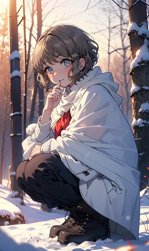 tomoekoga, Chie Koga, short hair, Brown Hair, blue eyes, hair band,smile,blush,White Breath,Medium Chest,
Open your mouth,snow,Ground bonfire, Outdoor, boots, snowing, From the side, wood, suitcase, Cape, Blurred, having meal, forest, White handbag, nature,  Squat, Mouth closed, Cape, winter, Written boundary depth, Black shoes, red Cape break looking at viewer, Upper Body, whole body, break Outdoor, forest, nature, break (masterpiece:1.2), Highest quality, High resolution, unity 8k wallpaper, (shape:0.8), (Beautiful and beautiful eyes:1.6), Highly detailed face, Perfect lighting, Highly detailed CG, (Perfect hands, Perfect ???????),