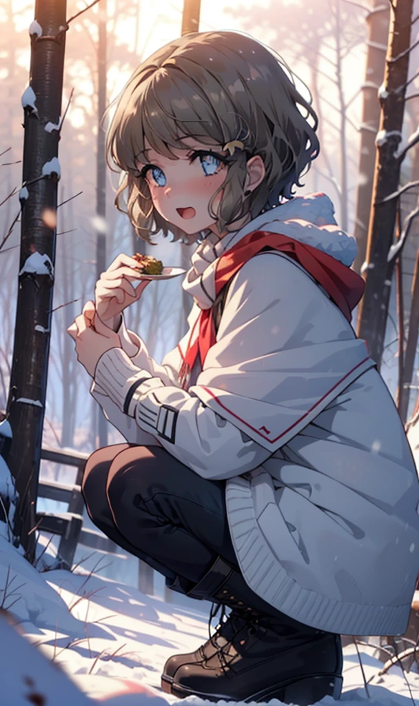 tomoekoga, Chie Koga, short hair, Brown Hair, blue eyes, hair band,smile,blush,White Breath,Medium Chest,
Open your mouth,snow,Ground bonfire, Outdoor, boots, snowing, From the side, wood, suitcase, Cape, Blurred, having meal, forest, White handbag, nature, Squat, Mouth closed, Cape, winter, Written boundary depth, Black shoes, red Cape break looking at viewer, Upper Body, whole body, break Outdoor, forest, nature, break (masterpiece:1.2), Highest quality, High resolution, unity 8k wallpaper, (shape:0.8), (Beautiful and beautiful eyes:1.6), Highly detailed face, Perfect lighting, Highly detailed CG, (Perfect hands, Perfect Anatomy),