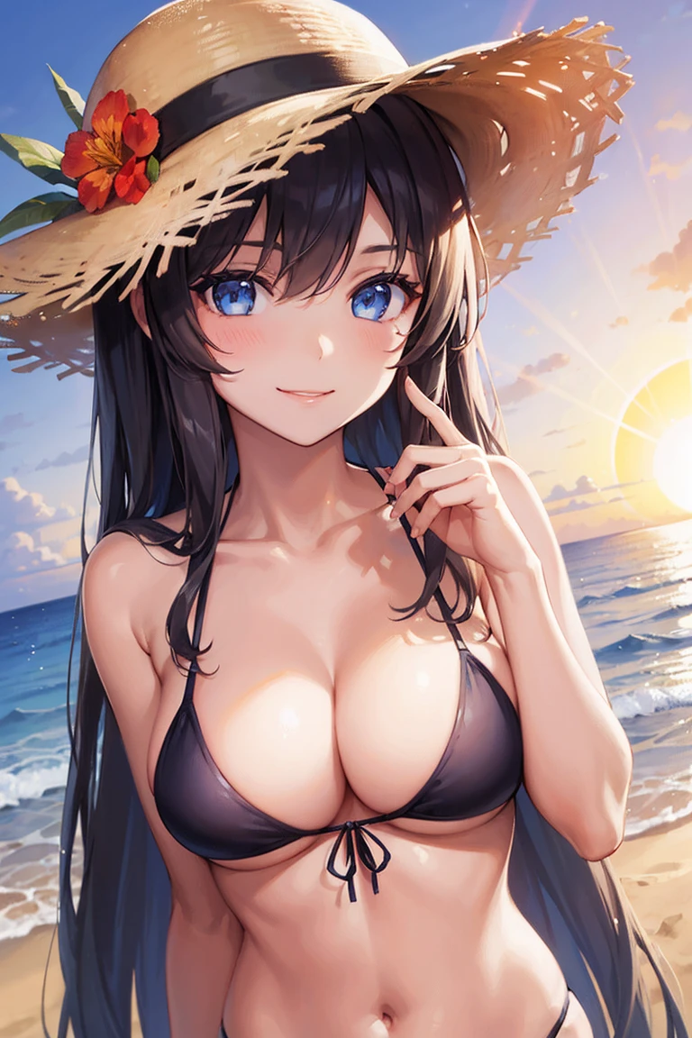 One girl, long tied brunette hair, smile, blue eyes, Wink, View your viewers, Wearing a bikini, flower straw hat, (Beach), (sunset), evening, masterpiece, 8K, Perfect lighting, The perfect outfit, Perfect Anatomy, Perfect Eyes, Perfect Face, Sharp resolution, (Face close-up)