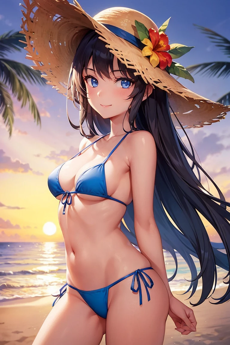 One girl, long tied brunette hair, smile, blue eyes, Wink, View your viewers, Wearing a bikini, flower straw hat, (Beach), (sunset), evening, masterpiece, 8K, Perfect lighting, The perfect outfit, Perfect Anatomy, Perfect Eyes, Perfect Face, Sharp resolution, (Face close-up)