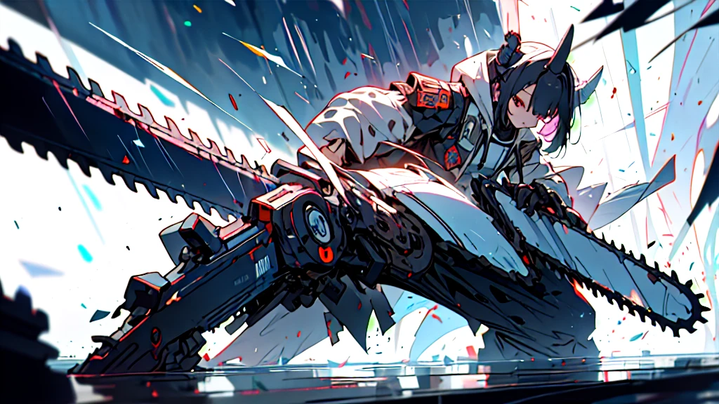 Absurd, High resolution, Super detailed,
Detailed、delicate、Beautiful expression、One girl,Exo-armour oversized hooded jacket, Long horn,whole body,Has a chainsaw,The ultimate form,heavy rain、Colorful rain、壁をdestructionする、Speed、Fastest、destruction、Uplifting、