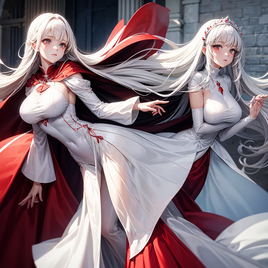 White and red medieval dress, Super voluminous skirt, Round Princess Skirt, High throat, Cover the body from neck to toe, Covered neck, Wearing a long black fur jacket, white, translucent, A soft dress, 