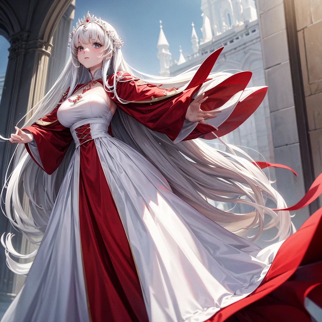 White and red medieval dress, Super voluminous skirt, Round Princess Skirt, High throat, Cover the body from neck to toe, Covered neck, Wearing a long black fur jacket, white, translucent, A soft dress, 