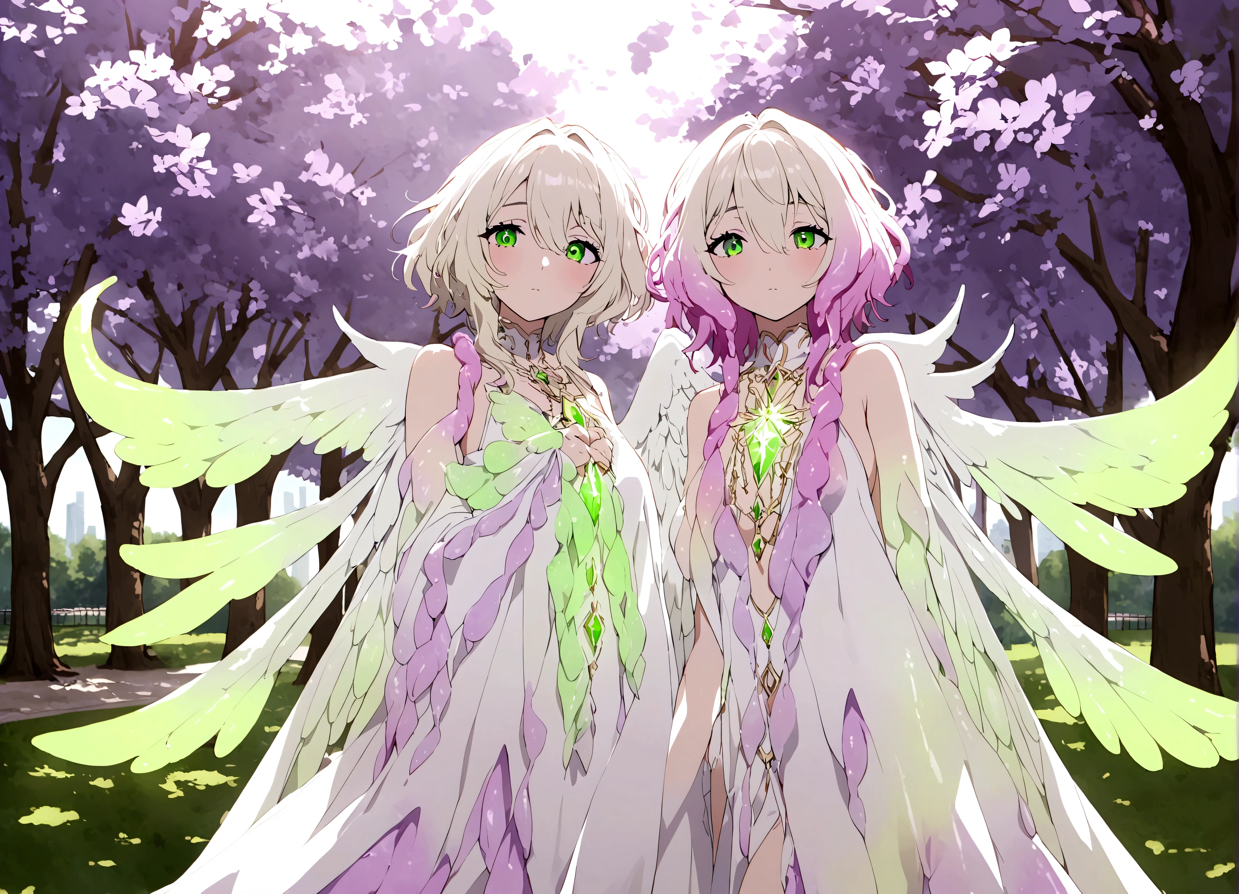 A eldritch angel (central body of a violet lion, 6 pairs of radiant crystal wings, numerous white tentacle eyestalks with neon green eyes) has appeared in a holy corona and approaching the viewer set in a park in daytime