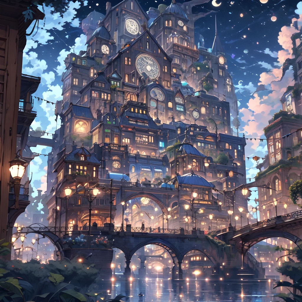 (masterpiece:1.2), Highest quality,Pixiv,night景,
scenery, null, Fantasy, cloud, Outdoor, building, city, water, bridge, night, lamp post, handrail, window, plant, lanthanum, arch, cityscape, stage, flower