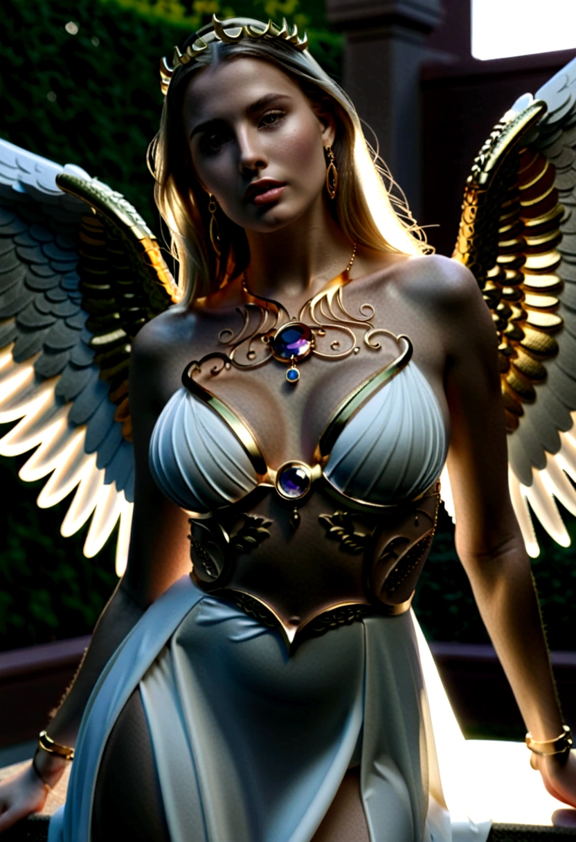 beautiful busty Angel, Wearing luxury dresses with intricate embroidery with golden threads that covers the whole body, luxury gowns with intricate embroidery with golden threads, Floating in the air, angel wings, (angel ring:1.3), outdoor, detailed face, detailed eyes, detailed lips, detailed nose, detailed foot, full body shot, giga_busty, (covered nipples:1.2)