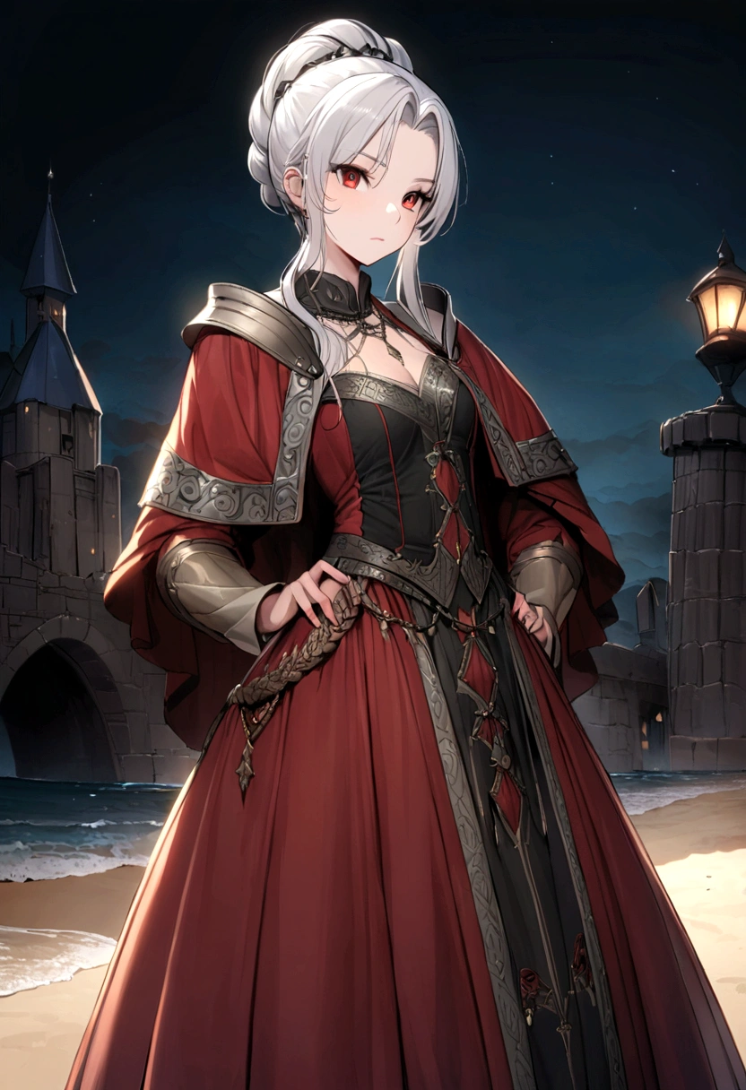 female，Height: 155cm，Small breasts，Red Eyes，Silver Hair，Chignon，Standing on the beach at night，Wearing a coat，Beauty，cool，middle ages