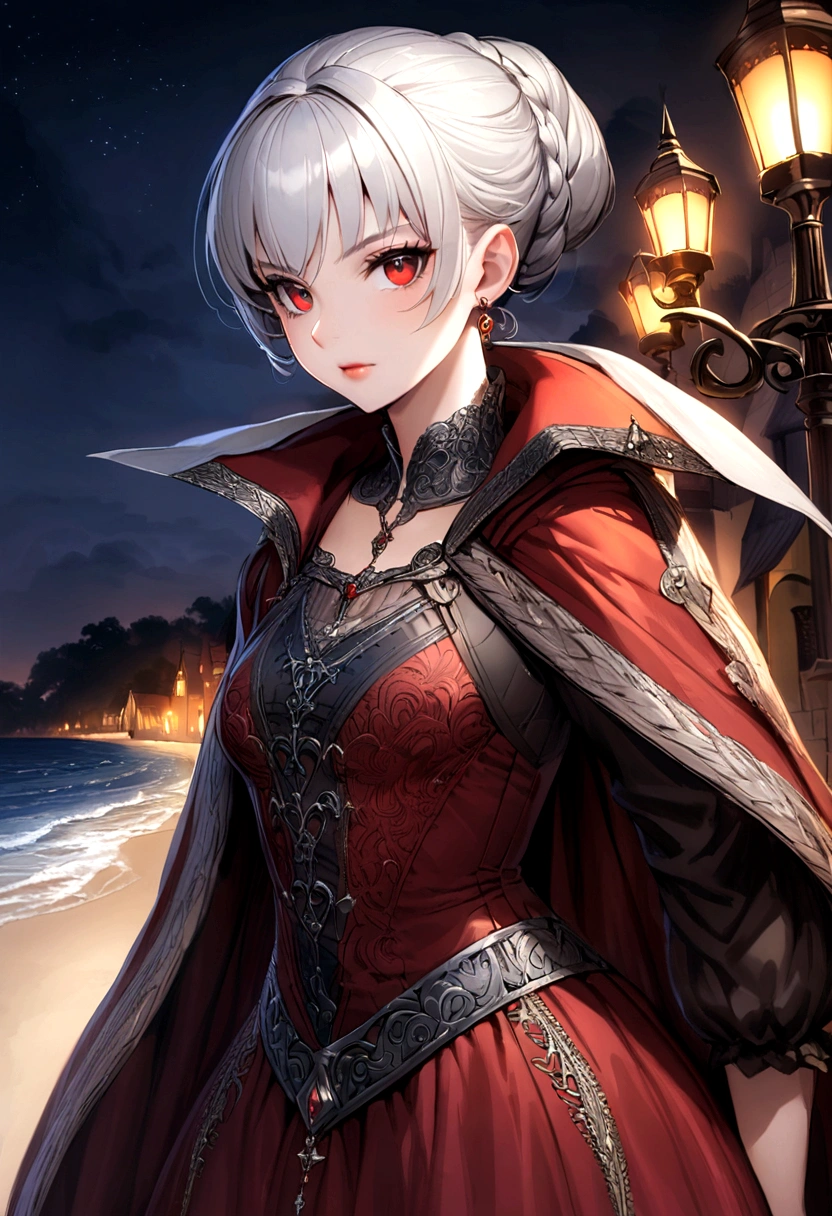 female,Height: 155cm,Small breasts,Red Eyes,Silver Hair,Chignon,Standing on the beach at night,Wearing a coat,Beauty,cool,middle ages