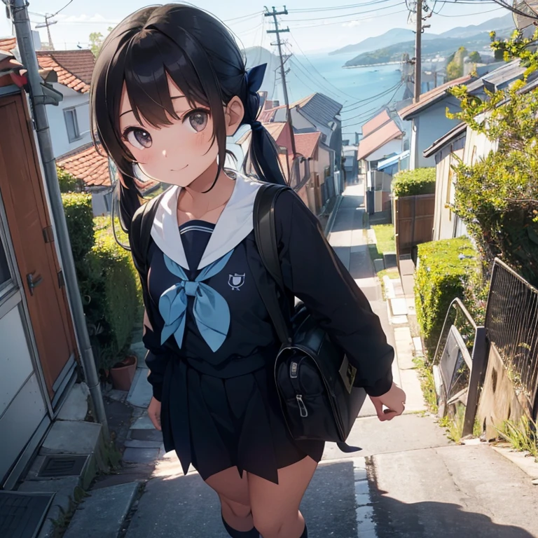 best quality, detailed, masterpiece,
1 girl, standing, gentle smile, 15yo,
(low twintails:1.4), low pigtails, black hair, long hair,
(navy blue sailor suit with blue ribbon:1.2), long sleeves,
BREAK
(dark brown eyes), (school bag), from the front, from little above, POV, alone,
BREAK
(steep downhill:1.2), (long wide hill straight road to the back), electric pole, electric cable, hill city, housing,
cityscape, sea in the distance, nice view, 15 o'clock, orange sky, animation