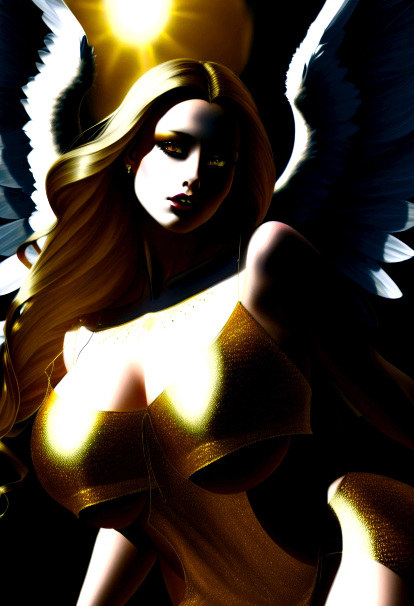beautiful  Angel, Wearing luxury dresses with intricate embroidery with golden threads that covers the whole body, luxury gowns with intricate embroidery with golden threads, Floating in the air, angel wings, (angel ring:1.3), outdoor, detailed face, detailed eyes, detailed lips, detailed nose, detailed foot, full body shot, giga_bustyvered nipples:1.