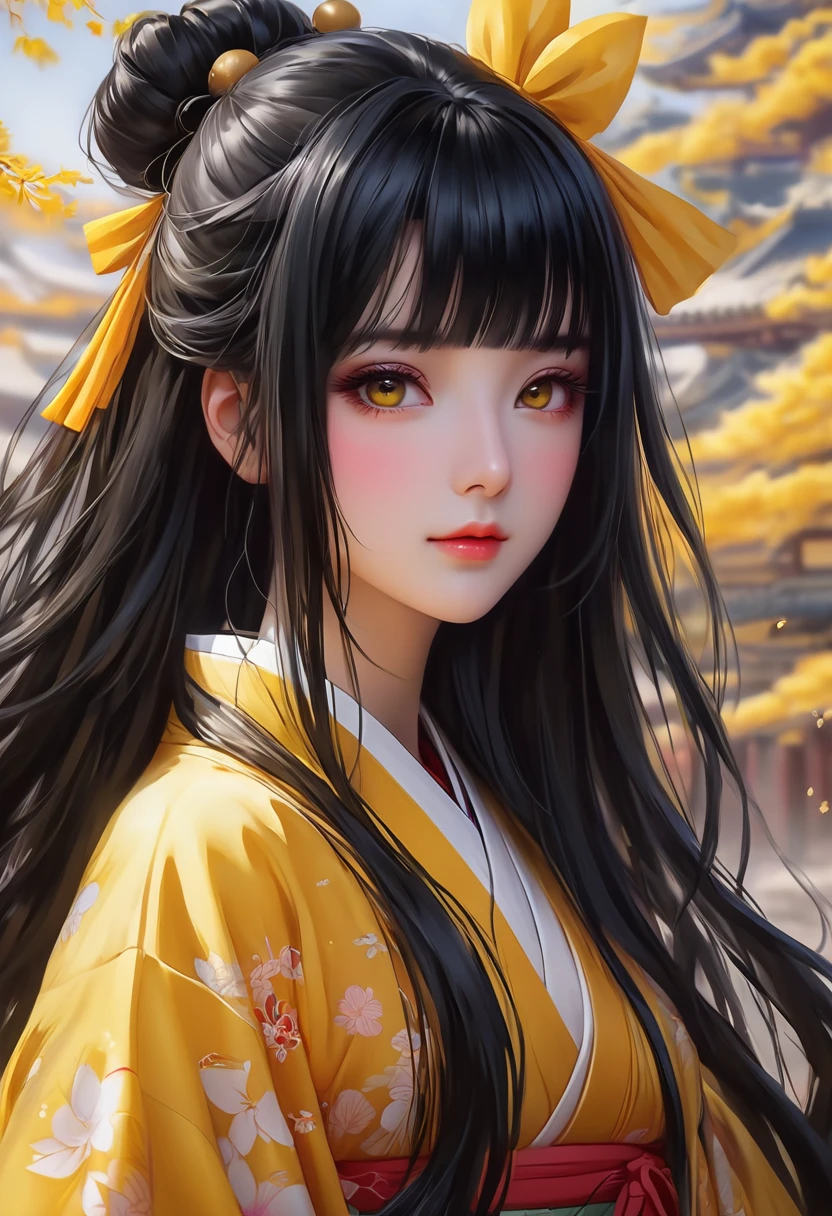 Anime girl with long black hair in a yellow kimono, Anime Style 4k, Anime Girl Portrait, Beautiful anime portraits, Detailed portrait of an anime girl, Stunning Anime Face Portraits, Cute girl anime visuals, Demon Slayer Louis Fan Art, female Anime characters, Young Anime Girl, Anime Girl Portrait, Anime characters, palace , Girl in Hanfu