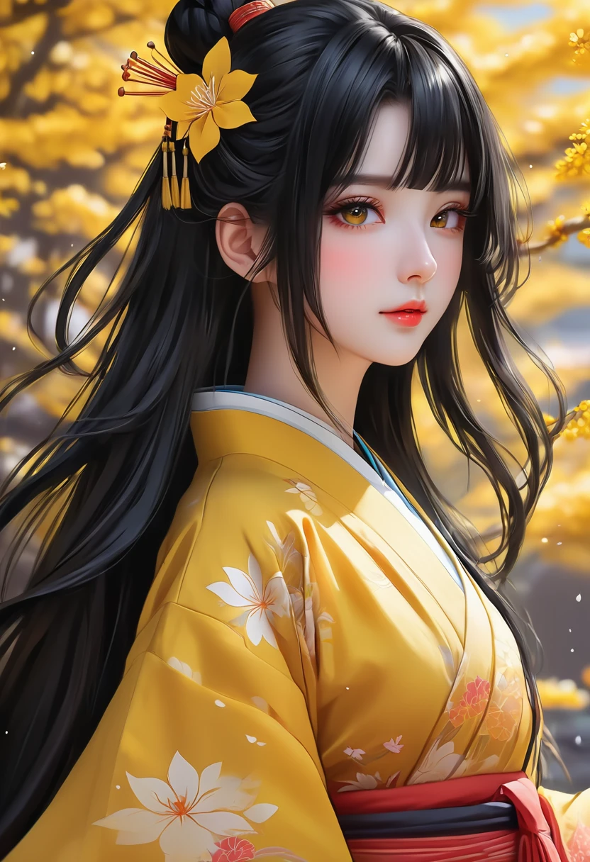 Anime girl with long black hair in a yellow kimono, Anime Style 4k, Anime Girl Portrait, Beautiful anime portraits, Detailed portrait of an anime girl, Stunning Anime Face Portraits, Cute girl anime visuals, Demon Slayer Louis Fan Art, female Anime characters, Young Anime Girl, Anime Girl Portrait, Anime characters, palace ， Girl in Hanfu