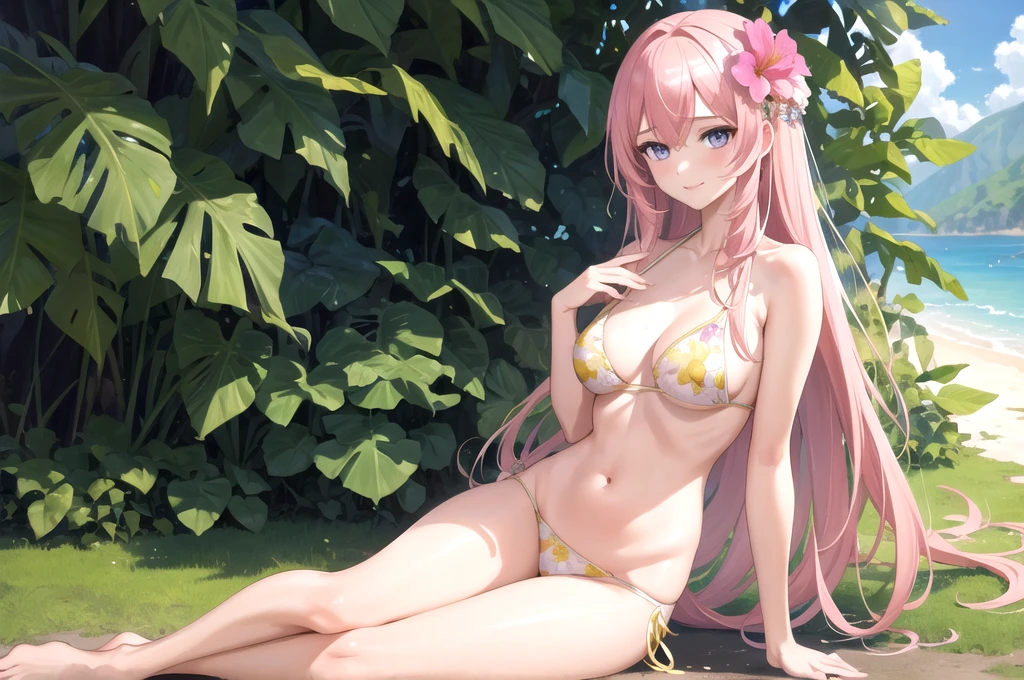 (masterpiece, best quality), amazing, Fine details, Scene Description, Official art, the Extremely Detailed CG Unity 8K Wallpapers, Masterpiece Portrait, realistic, photo, (1 woman:1.5), (1 girl:1.5), (solo girl:1.5), (perfect woman body), realistic, photo, (beautiful woman faces:0.9), (Captivating anime woman), Beautiful style, (luka megurine), (long pink hair), bright blue eyes, smile, (slender body), (medium breasts:1.1), large , on beach, (flower print bikini:1.3), (random color bikini:1.3), closed_mouth, looking at viewer, palm_trees, sitting under trees, scenery focus, aerial_view, summer, (beach), nature, daybreak, blue_sky, horizon, landscape, perfect lighting, aesthetic, wallpaper, scenery, (from-side), from behind, high leg swimsuit,