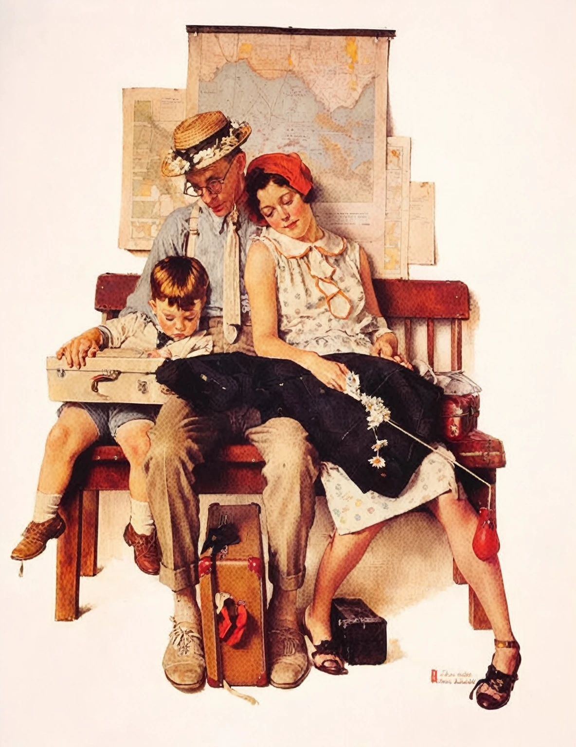Picture of the family, sitting on a bench with luggage and a map, Norman Rockwell artwork style, artist is Norman Rockwell, normal Rockwell, Norman Rockwell. detailed, andNorman Rockwell, Norman Rockwell style, Norman Rockwell akihiko yoshida, style of Norman Rockwell, in style of Norman Rockwell, Norman Rockwell j, inspired by Norman Rockwell, artist Norman Rockwell, Norman Rockwell