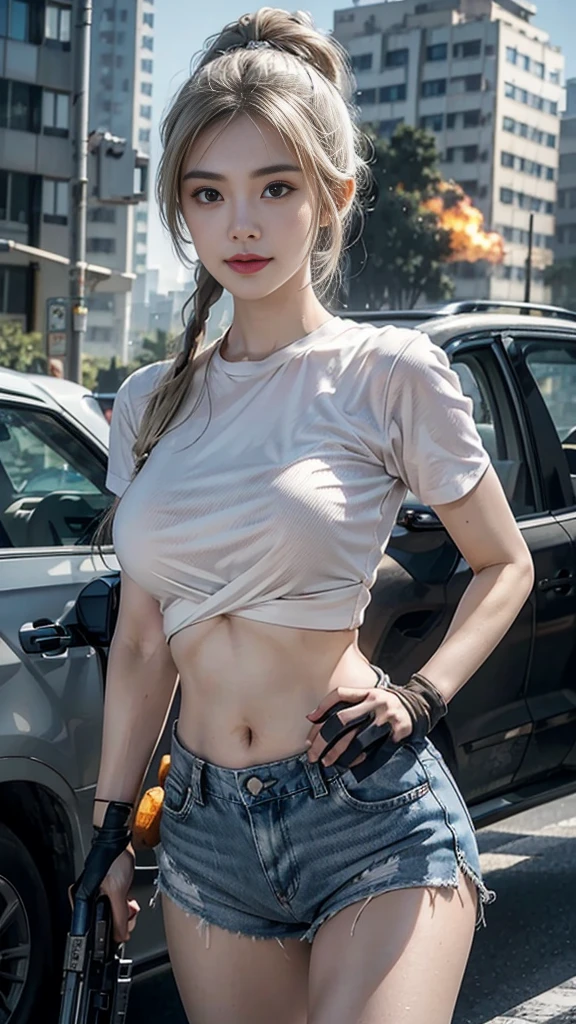 (8K、original photo、Top quality、masterpiece:1.2)、(Realist、Photorealistic:1.37)、Ultra Detailed、Ultra-high resolution、Wearing white navel-baring short-sleeved，Blue denim super shorts，sports shoes，Close-up of a girl with blond hair and two pigtails on the battlefield、Full body close-up，Back to the audience，Look back，Smile，Exploding high-rise building、Exploding vehicle，Huge explosion，Burning flame、White skin、Smooth skin、Extremely beautiful face、Dynamic Angle、Dynamic Lighting，(Holding weapon, Holding rifle, Purposeing, Purpose:1.2), gun, H&k hk416, 马gun, Fire
