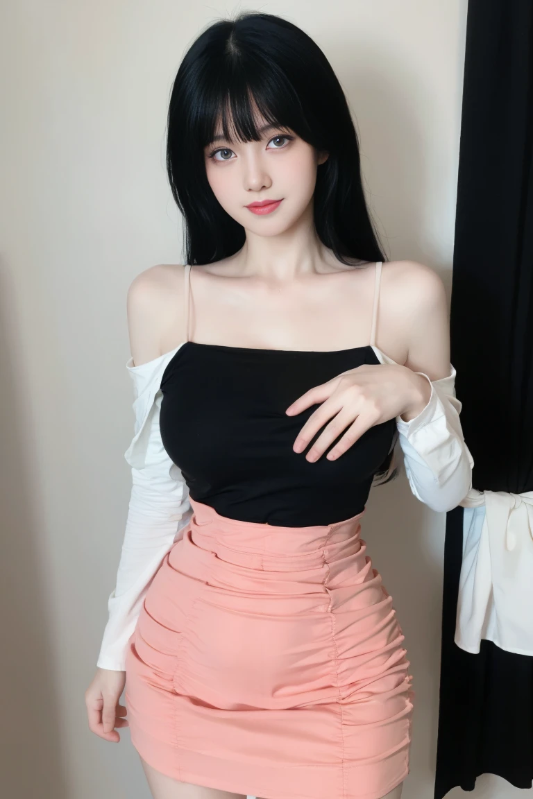 best quality, tmasterpiece,Ultra-high resolution,Clear face,(Reality:1.4),ferpect lighting,(upper body shot:1.5), (photorealistic:1.50), anime wallpaper, Guviz style artwork, cover-up fantasy up to magic , by Yang J, Guviz, beautiful artwork illustration, beautiful digital artwork, beautiful digital illustration, Li Song, beautiful anime portrait, art style in Beauvot,1girl,black hair, long hair,bangs, smile,Blush,(front:1.3),(standing:1.3), Bare shoulders,
Sweet girl outfit5, (high waist skirt), (Black skirt),indoor,In the room, (Curtain Background:1.3), mirror, (super Giant breasts:1.3),