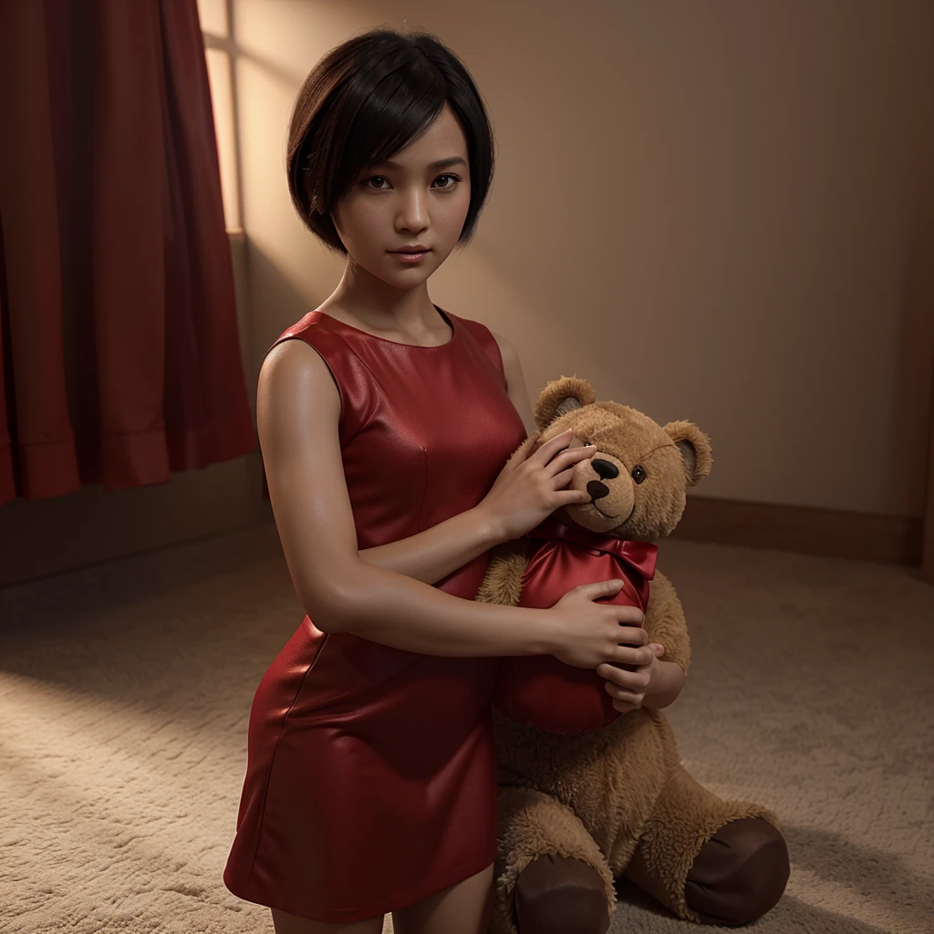 A photo of an 6--old Wong wearing a red dress and holding a teddy bear. Kid, , slim, short black hair, brown eyes, fair skin. (Digital 3D artwork)