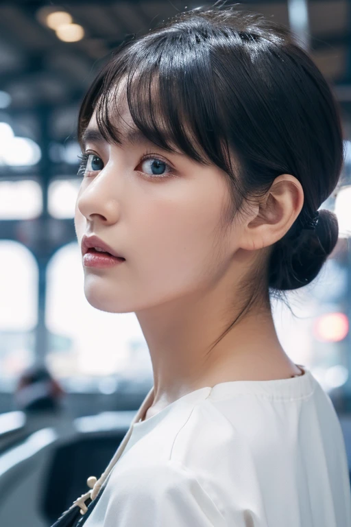 (award winning, 8k, super detailed, high resolution, best quality, photography), 1girl, solo, beautiful girl, beautiful eyes, detailed eyes, (black eye), white blouse and jeans, short ponytail hair, black hair, train station background, looking away form viewer, ((from below))