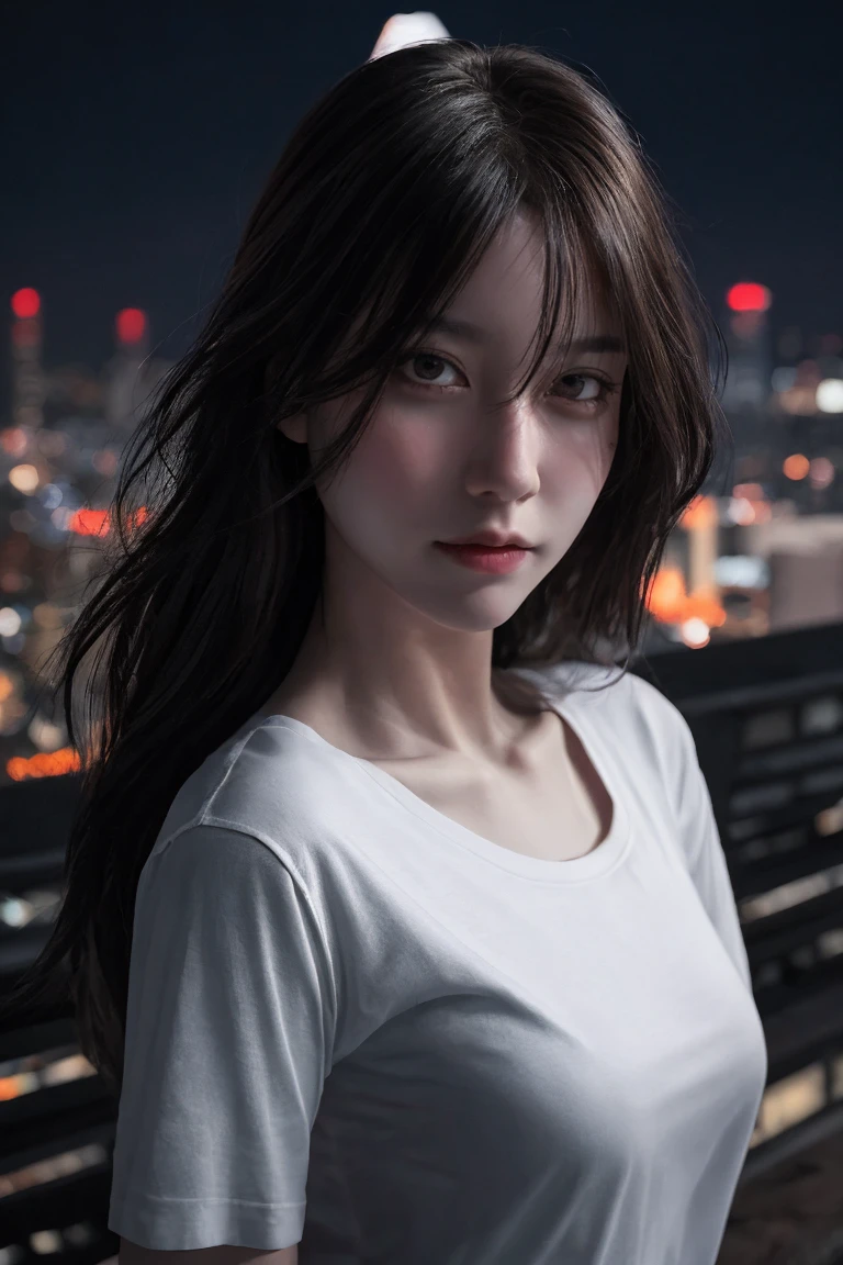 raw, movie shot, (Sharp focus:1.5), (realistic:1.4), Twilight, Volumetric light, Ultra high resolution, 16K,incredible light, midnight, whole body, Long legs, Sharp focus :1.2, Beautiful woman with a perfect figure :1.4, Slender stomach :1.1, (dark brown hair,gigantic bust :1.2), (Tight white t-shirt, stand:1.2), (night city view, rooftop:1.3), Highly detailed facial and skin textures, Detailed eyes, Double eyelids,  light penetrating through hair,