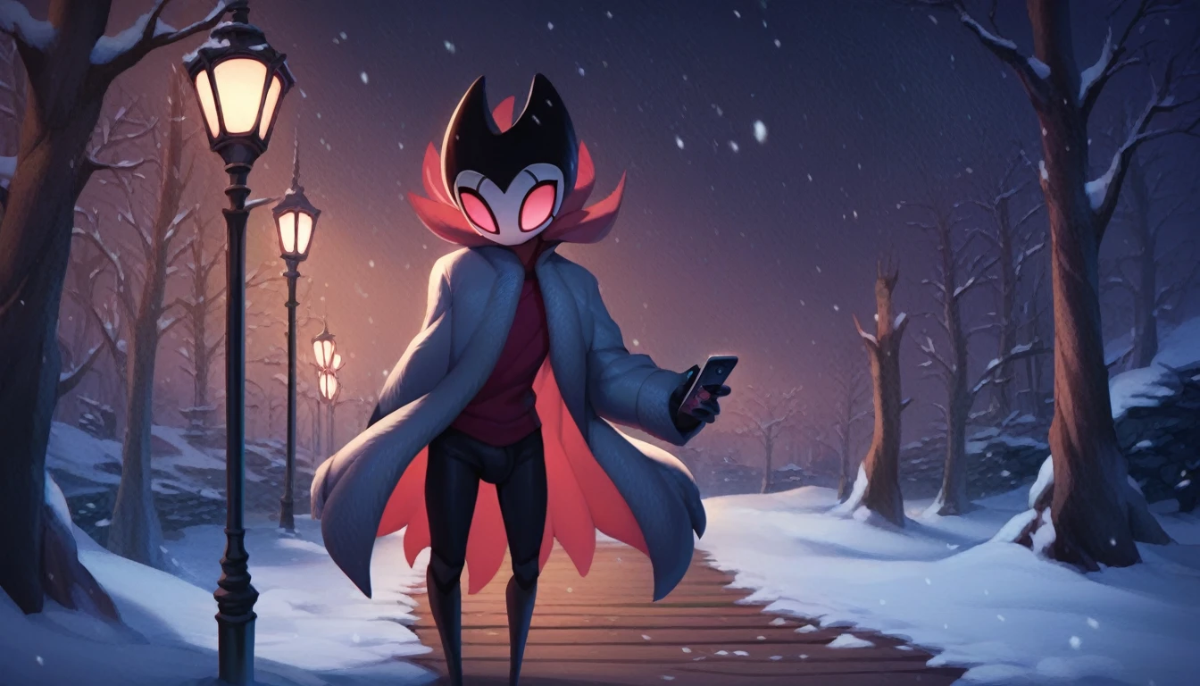 score_9, score_8_up, score_7_up, score_6_up, zPDXL2, grimm \(hollow knight\), vampire, bat, 1boy, solo, cute face, detailed eyes, anthro, clothed, landscape, highlight thighs, It's snowing outside, it's night, a lamp is on nearby, outdoor, winter coat, smiling, in a train station, with a cell phone in hand